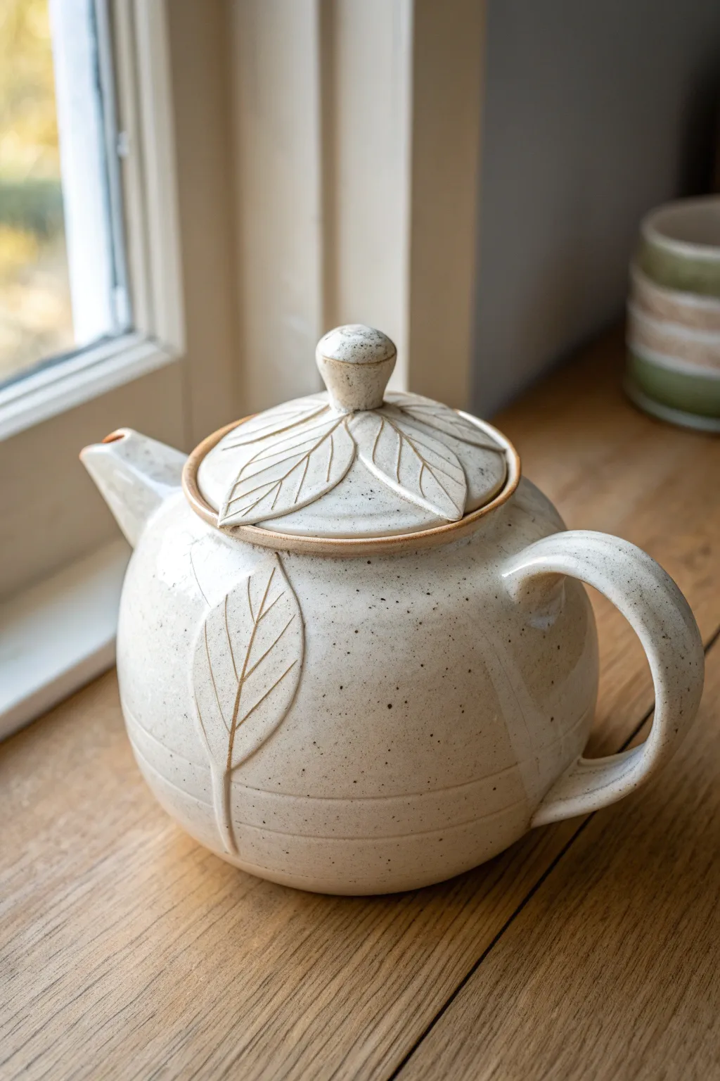 Simple handmade teapot with an oversized leaf knob lid, Scandinavian calm with boho charm.