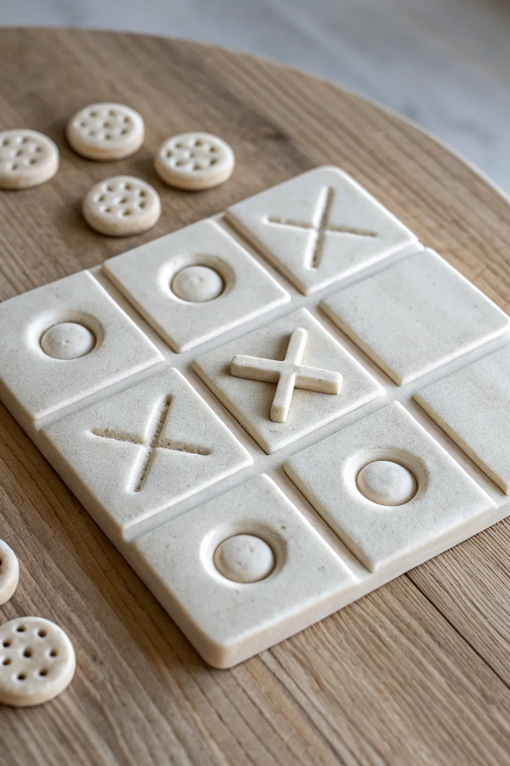 Monochrome clay tic tac toe board with subtle grid and tactile pieces for an easy modern DIY.