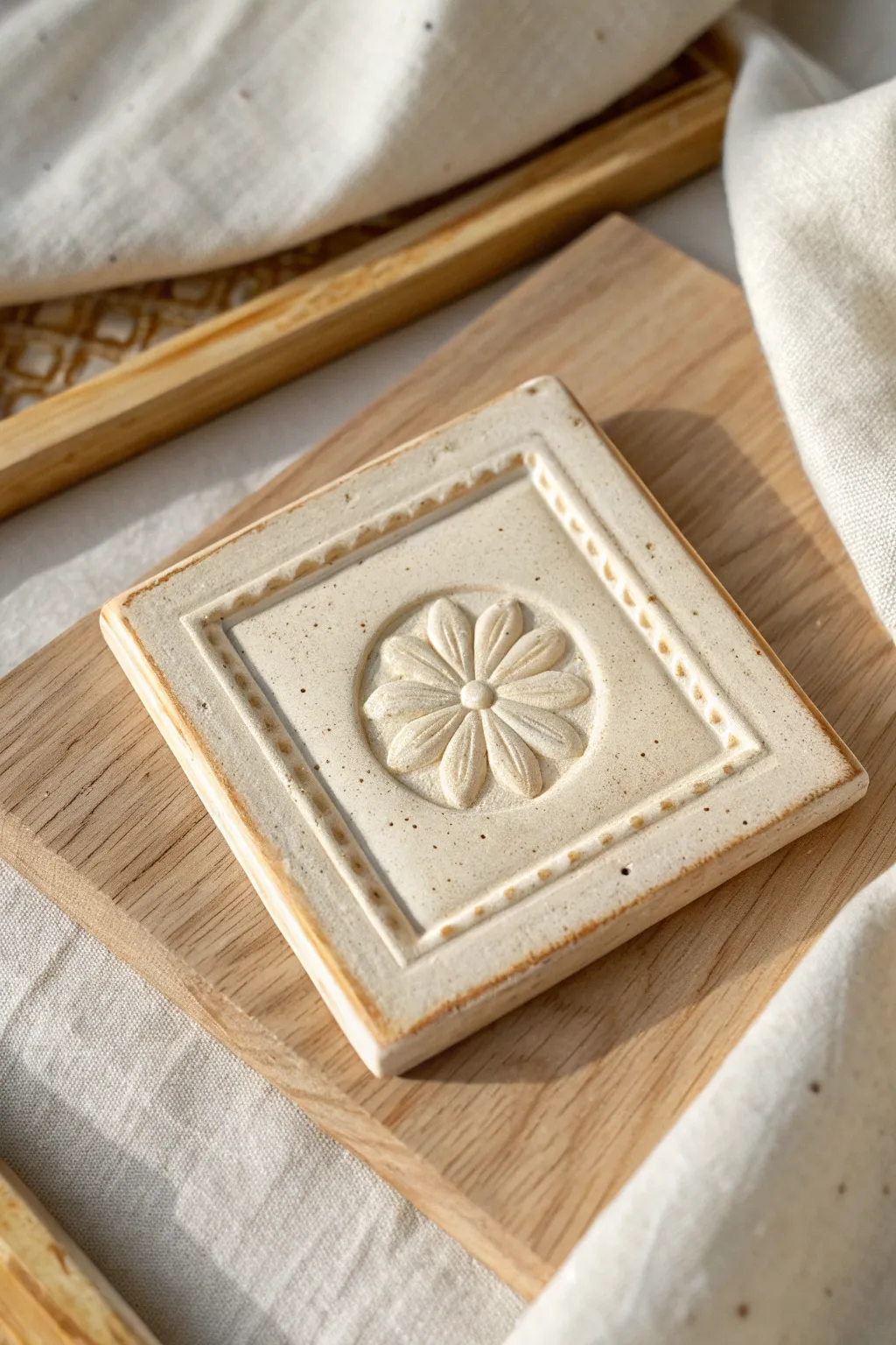 Minimal framed clay tile with a centered medallion, simple relief that looks beautifully intentional