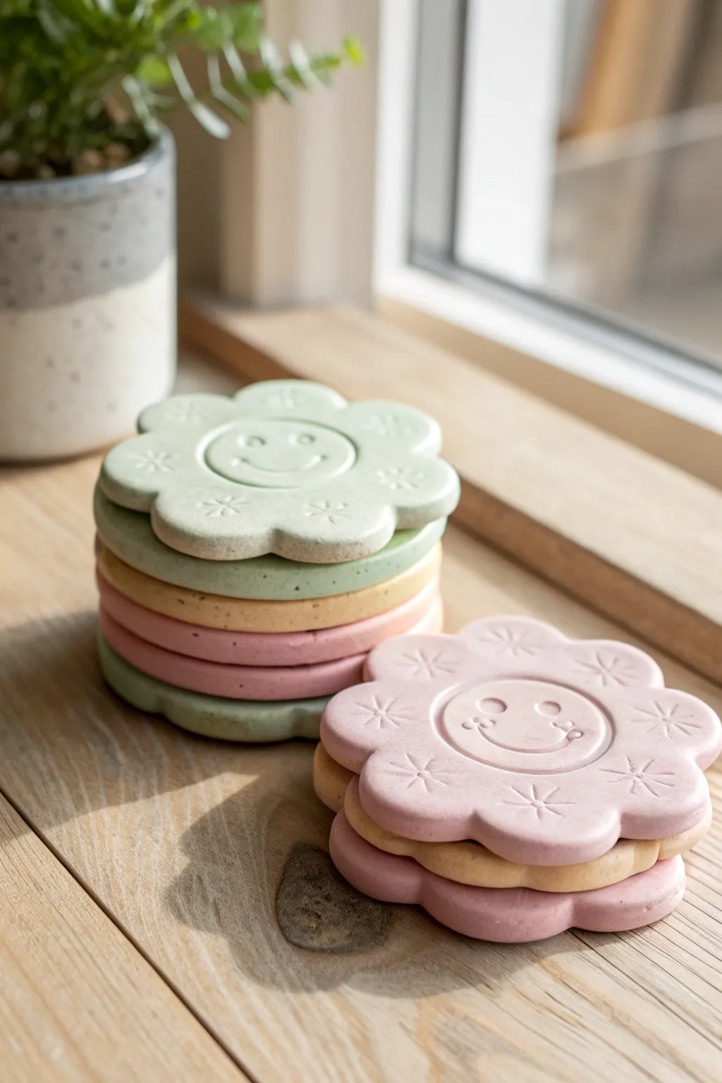 Pastel smiley flower coasters in a neat stack, simple petals and cozy handmade charm