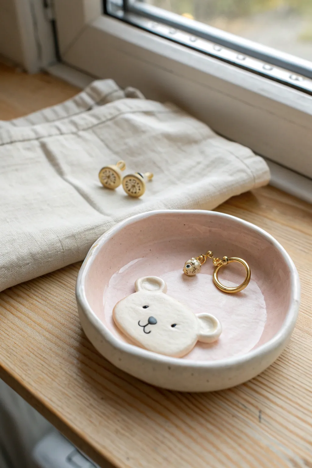 Mini bear trinket dish in soft neutrals, perfectly sized for tiny earrings and treasures