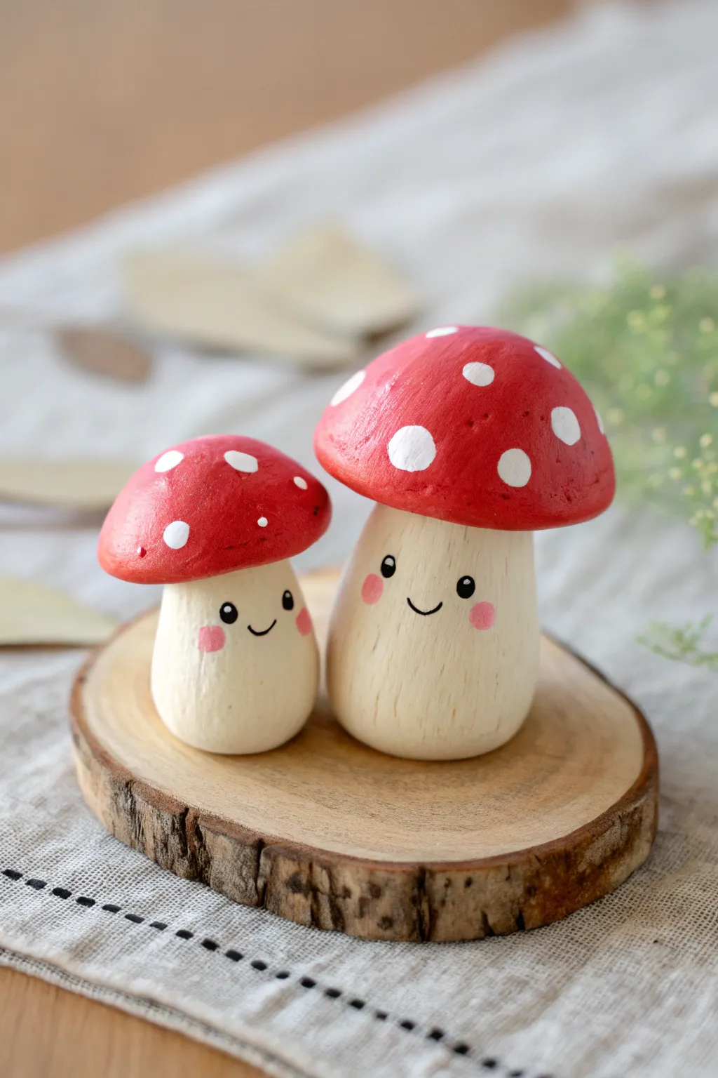 Mini mushroom couple in red and cream clay, sweet and simple DIY inspo for beginners.