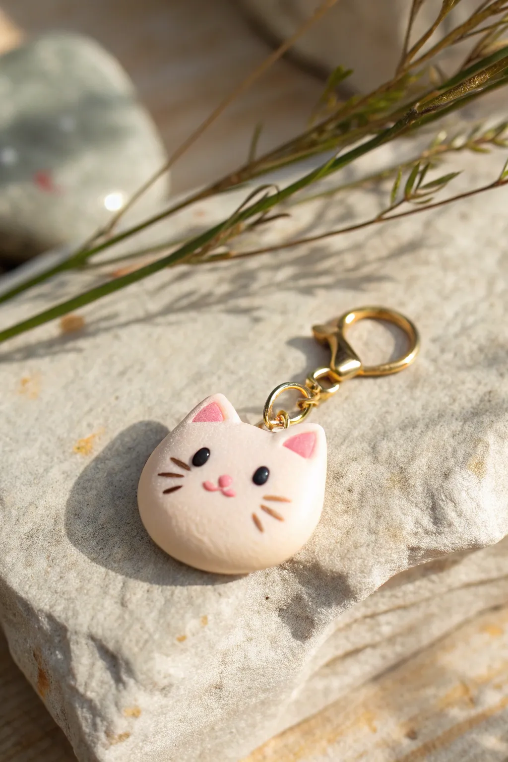Chubby polymer clay cat charm in soft pastels, a sweet easy DIY idea for beginners.