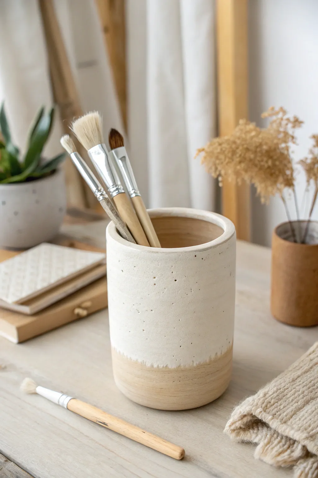 Chunky air-dry clay brush cup with a soft handmade texture, perfect for a calm desk setup.