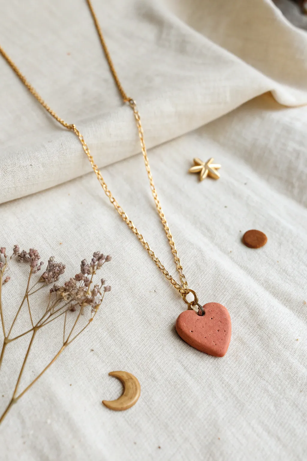 Mini clay charms on a delicate chain, styled minimalist with soft boho warmth and clean contrast.