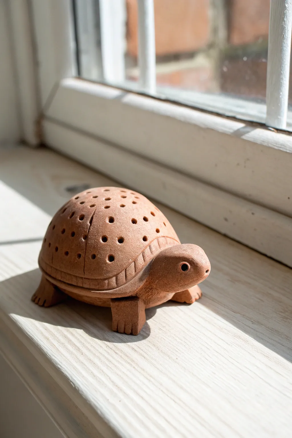 Tiny dotted-shell clay turtle in warm terracotta on a clean Scandinavian backdrop