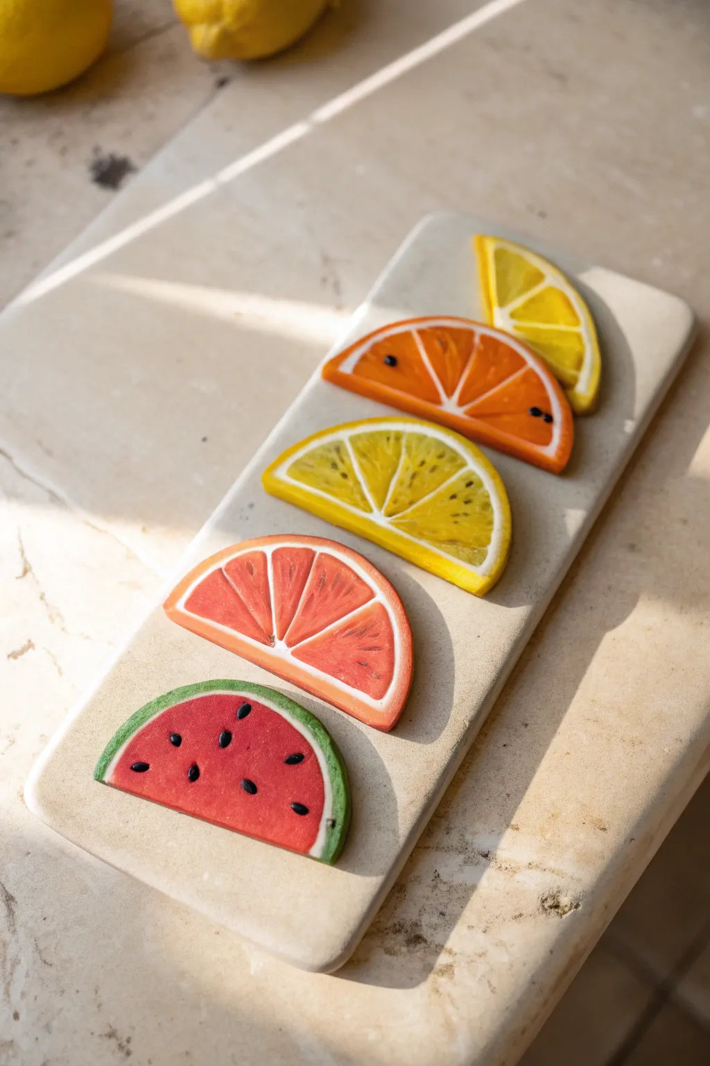 Beginner clay fruit slice magnets in a clean row, bright color pops on a neutral backdrop.