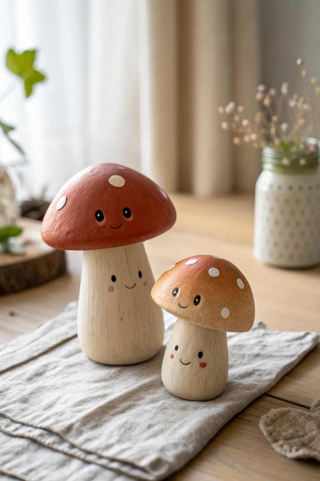 Simple mushroom pals in clay: two tiny friends with sweet dot eyes and cozy minimal style