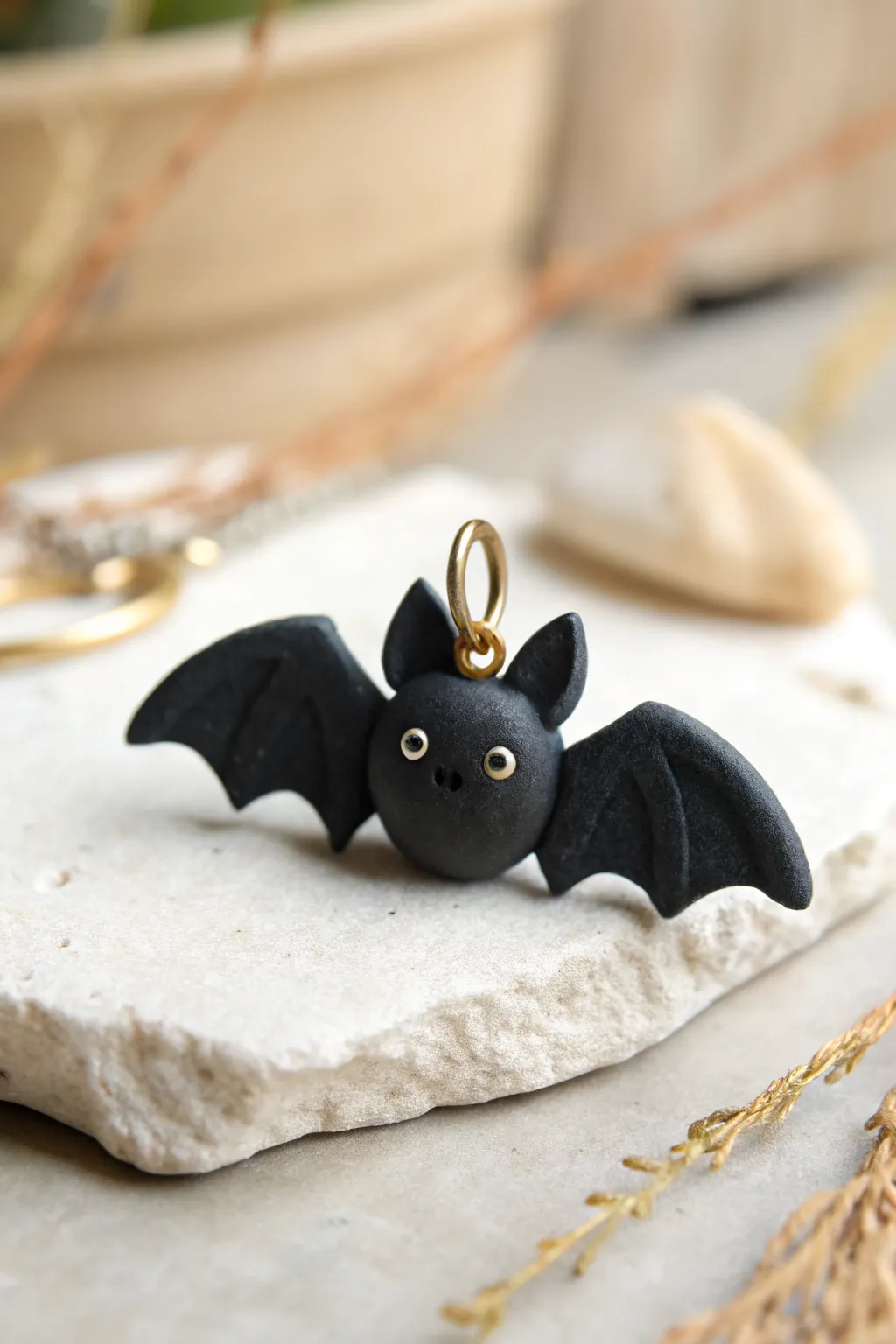 Sweet big-eared bat charm in matte black clay, a simple Halloween detail you can make fast
