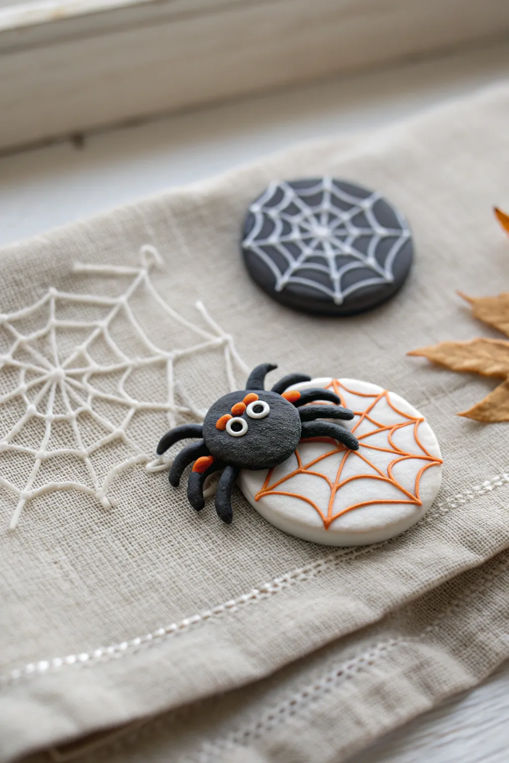 Cute chunky spider and minimal web pin set, easy polymer clay Halloween charm with Scandi boho vibe.