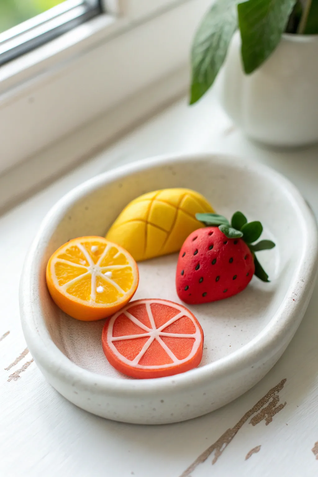 Easy fruit minis: bright banana, strawberry, and orange slice clay charms on a clean white backdrop