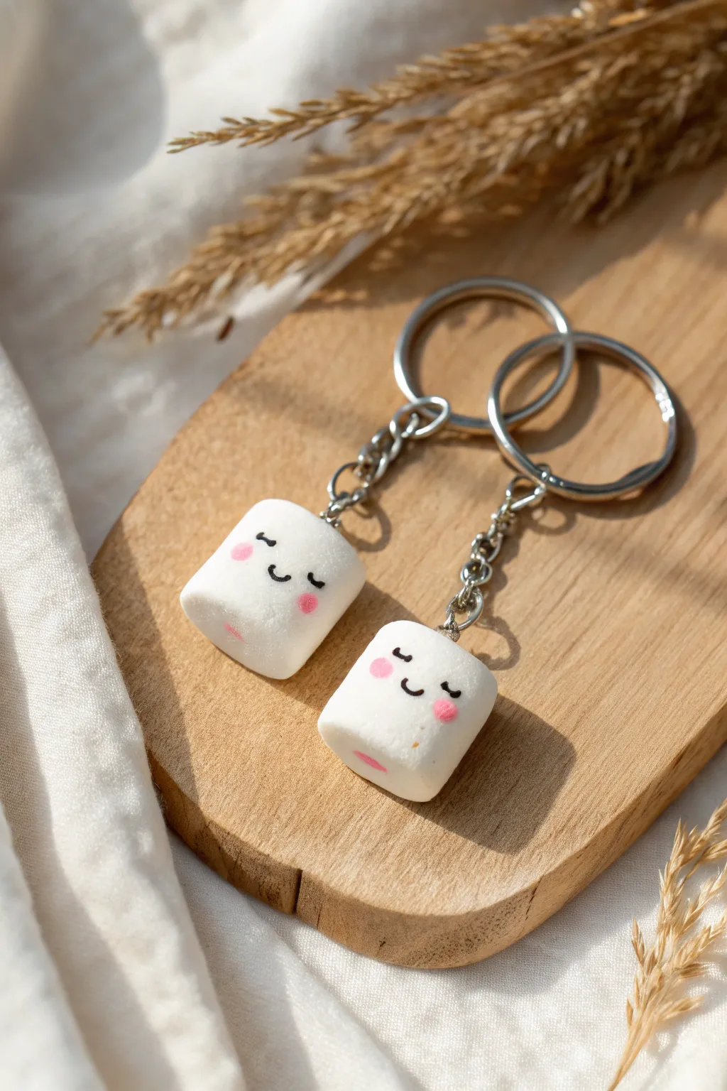 Adorable marshmallow face keychain in soft blush tones, minimalist and easy to recreate