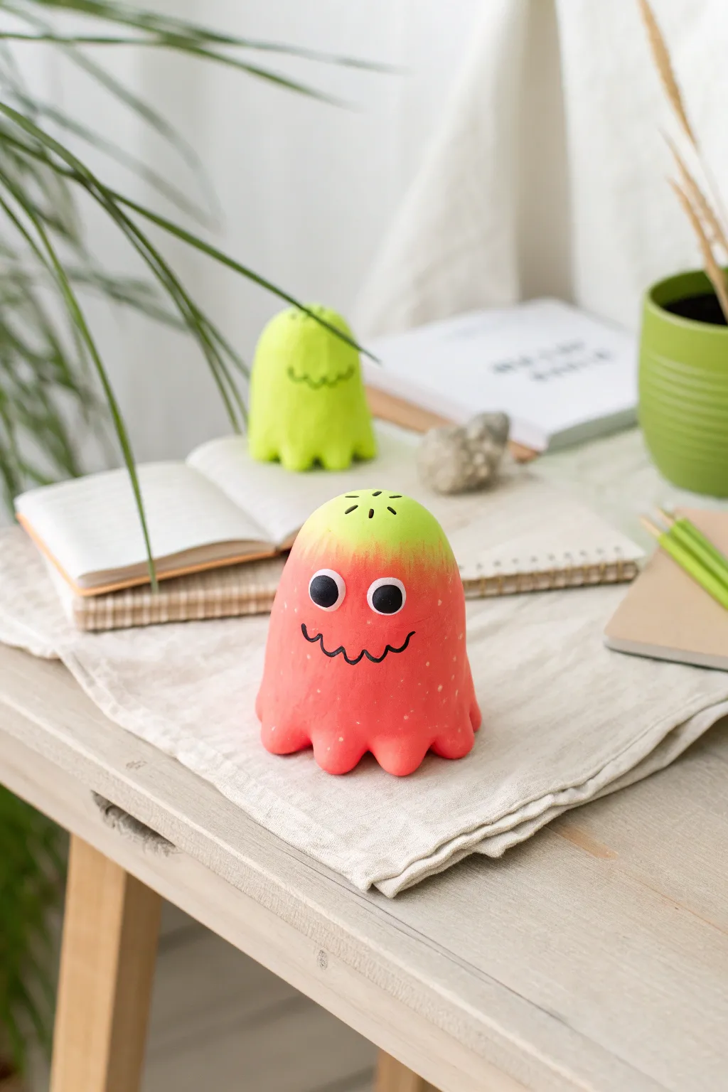 Make a neon blob monster desk buddy that kids love, cute, simple, and full of personality.
