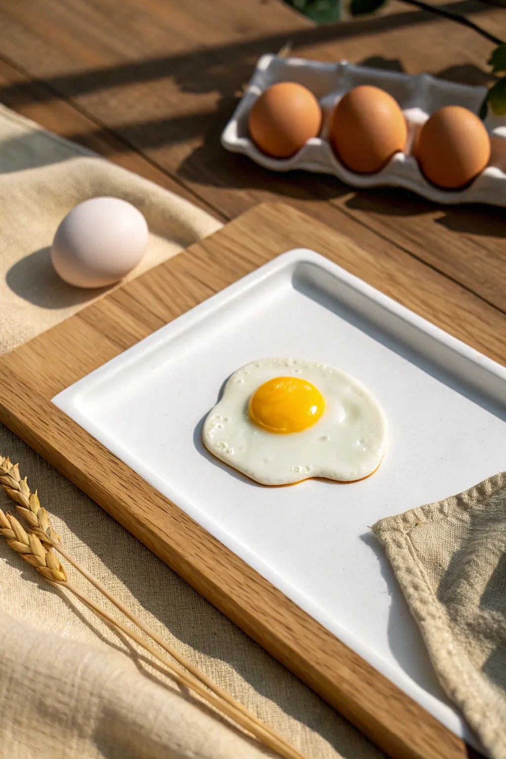 Playful fried egg polymer clay magnet with sunny yolk, minimal Nordic styling and boho warmth.