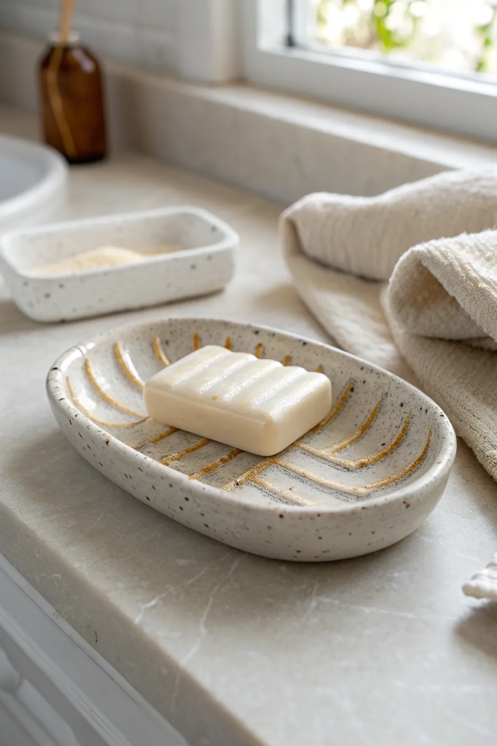 Simple speckled soap dish with raised ridges for clean drainage and a calm minimalist look.