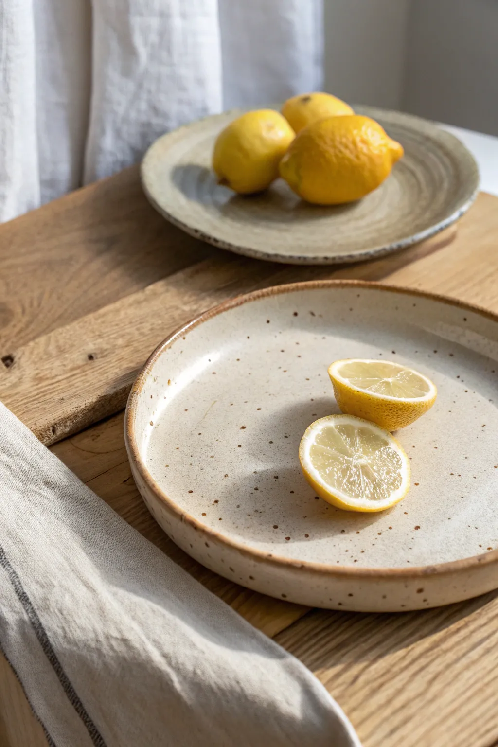 Quick curled rim slab plate, imperfectly round and handmade, styled with a fresh lemon.