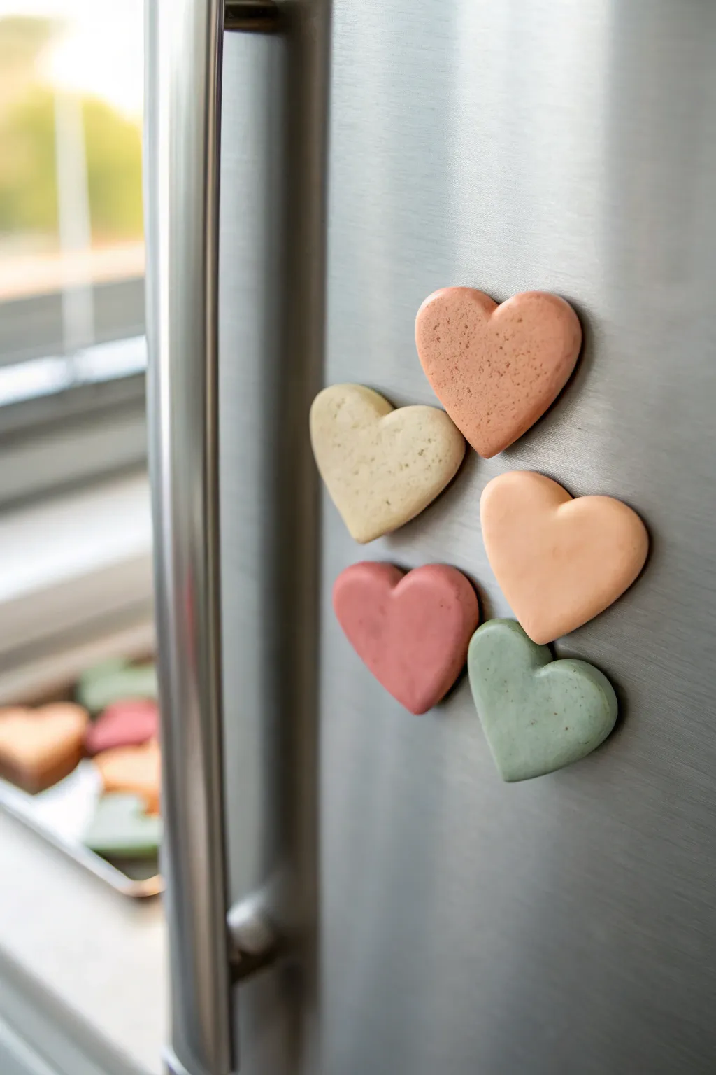 Chunky pastel heart clay magnets on brushed metal, simple handmade charm with soft contrast