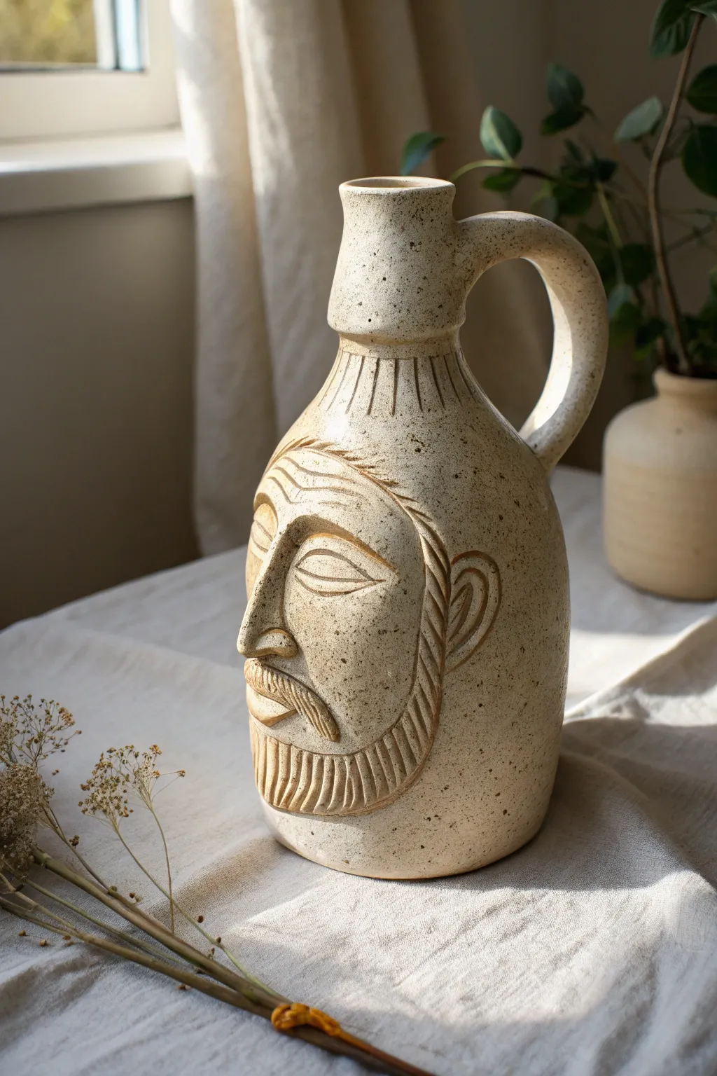 Bold mustache, textured beard, and soft glaze breaks make this face jug quietly striking.