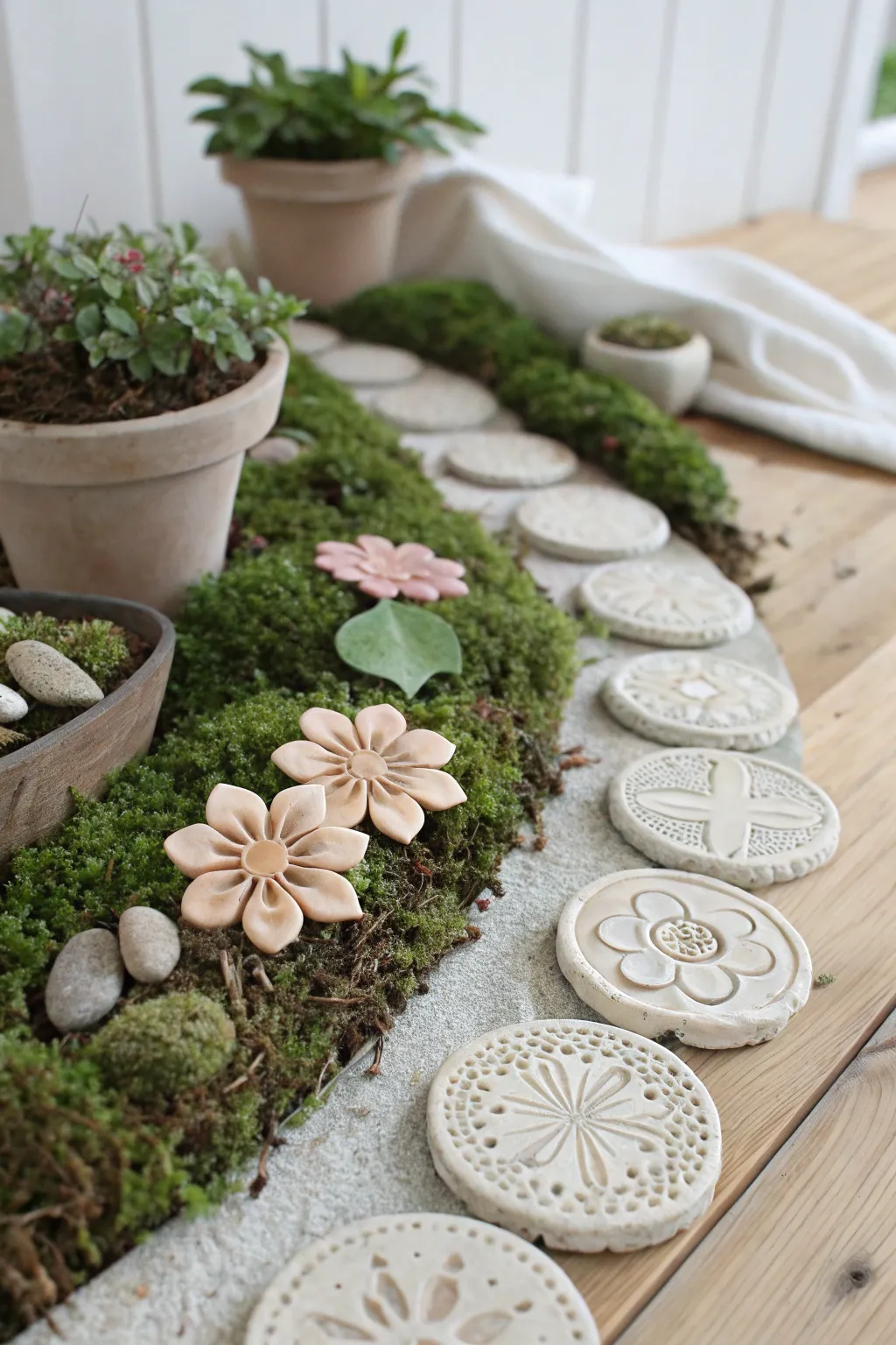 Tiny fairy garden stepping stones winding through soft moss, featuring pressed textures and clay blooms.