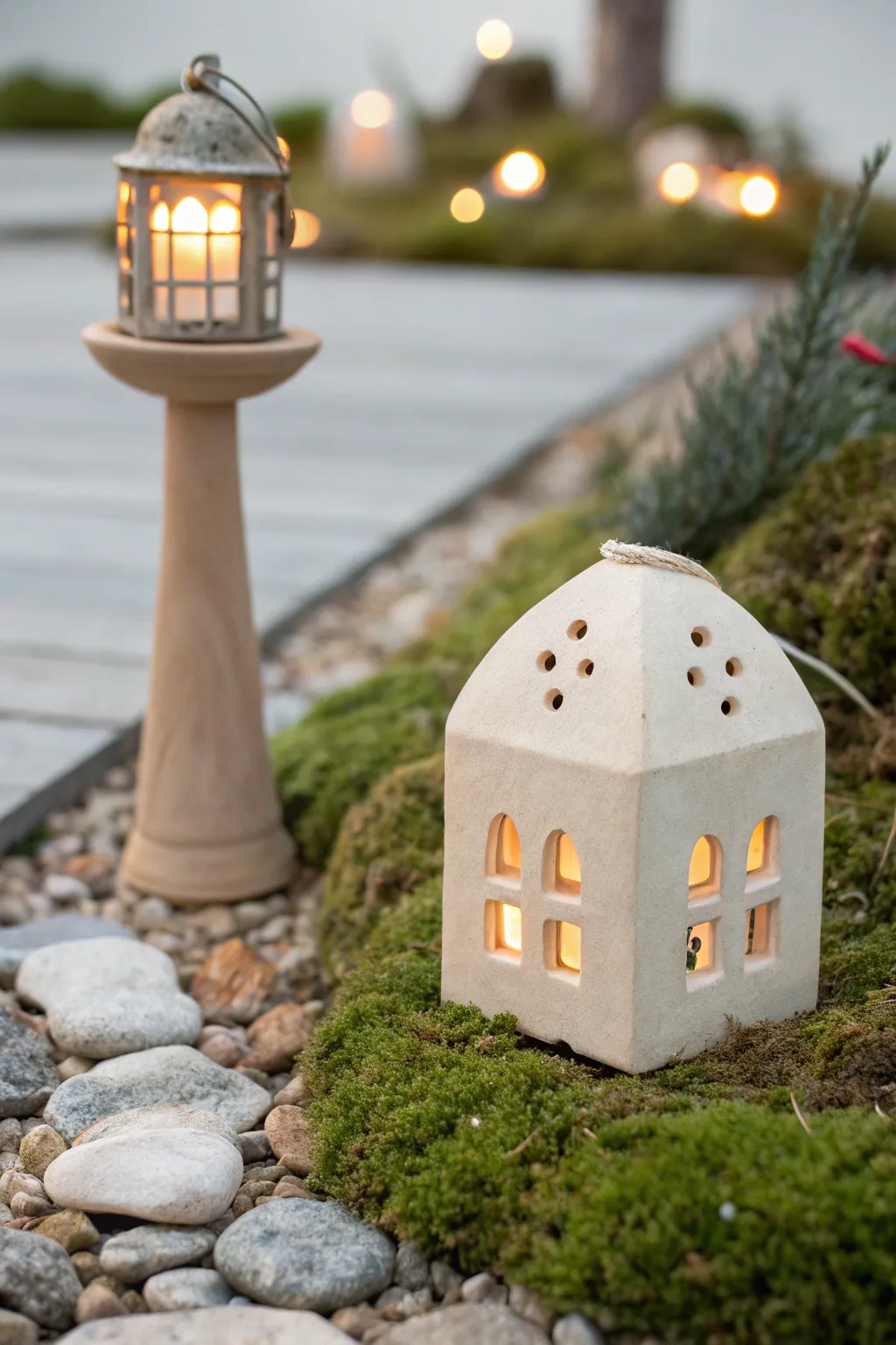 Petite handmade clay lantern glowing softly on a mossy fairy path for magical garden lighting