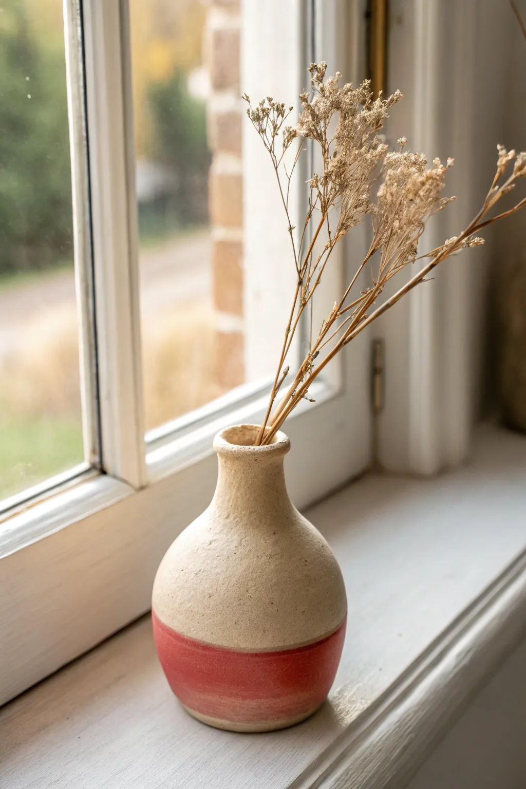 Mini harvest bud vase in cozy clay tones, styled with dried stems on a sunlit fall windowsill