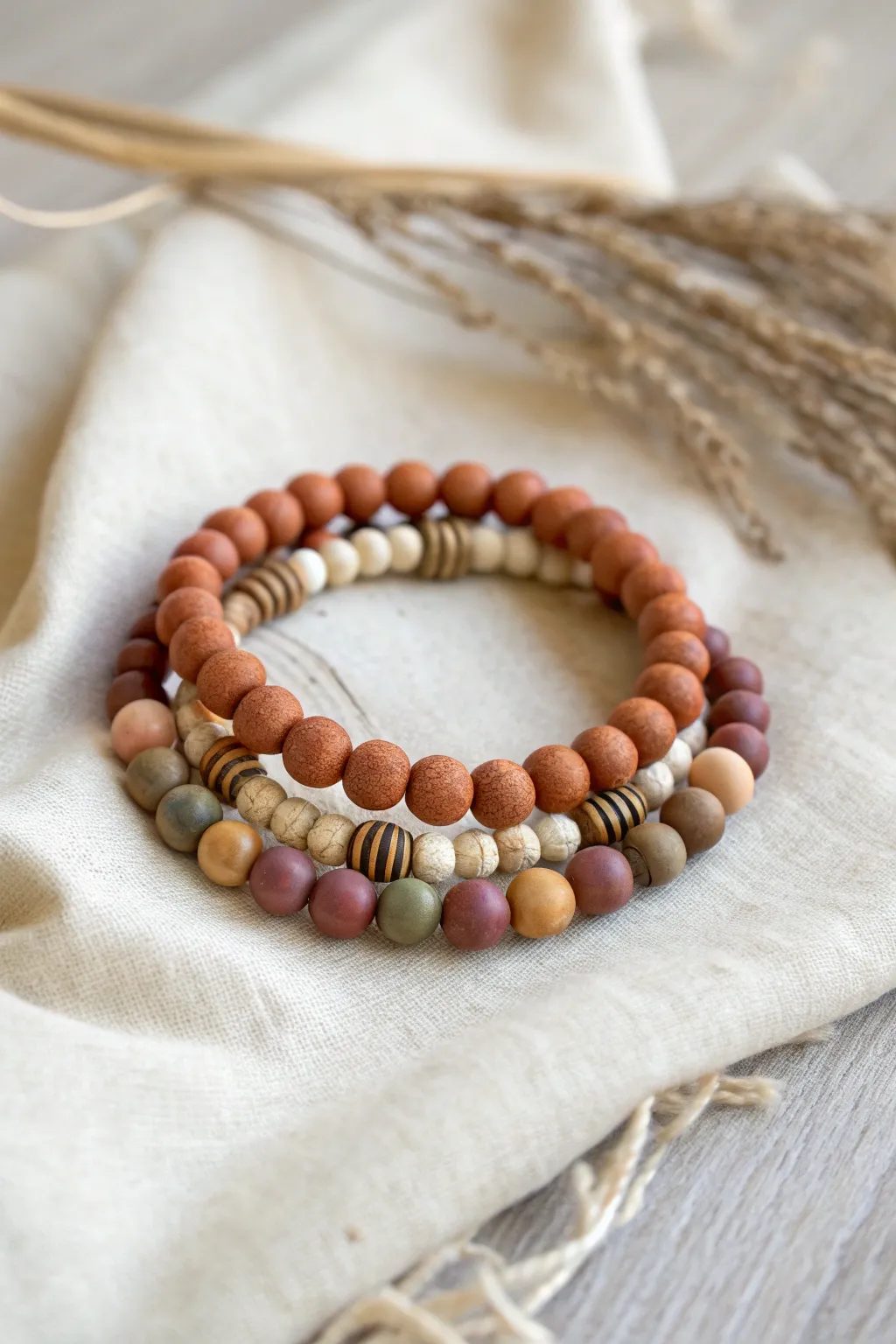 Harvest mix-and-match clay bead bracelet stack in cozy fall tones, minimal and handmade