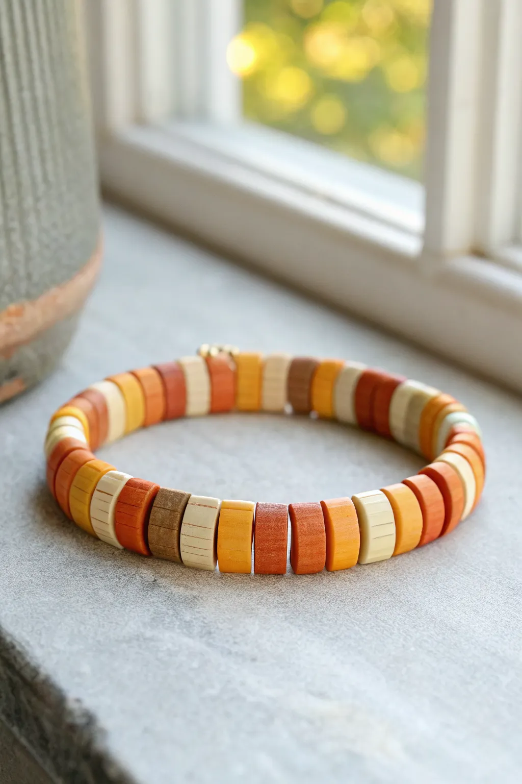 Candy corn hues in clay heishi beads for a cozy fall bracelet with minimalist boho charm.
