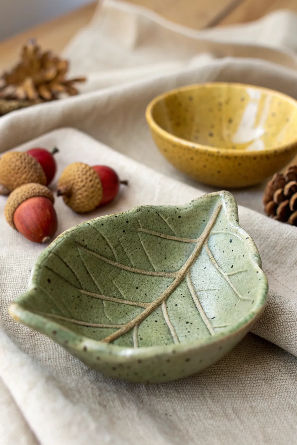 Leaf pinch pots in cozy fall tones, perfect for holding tiny treasures on your autumn table
