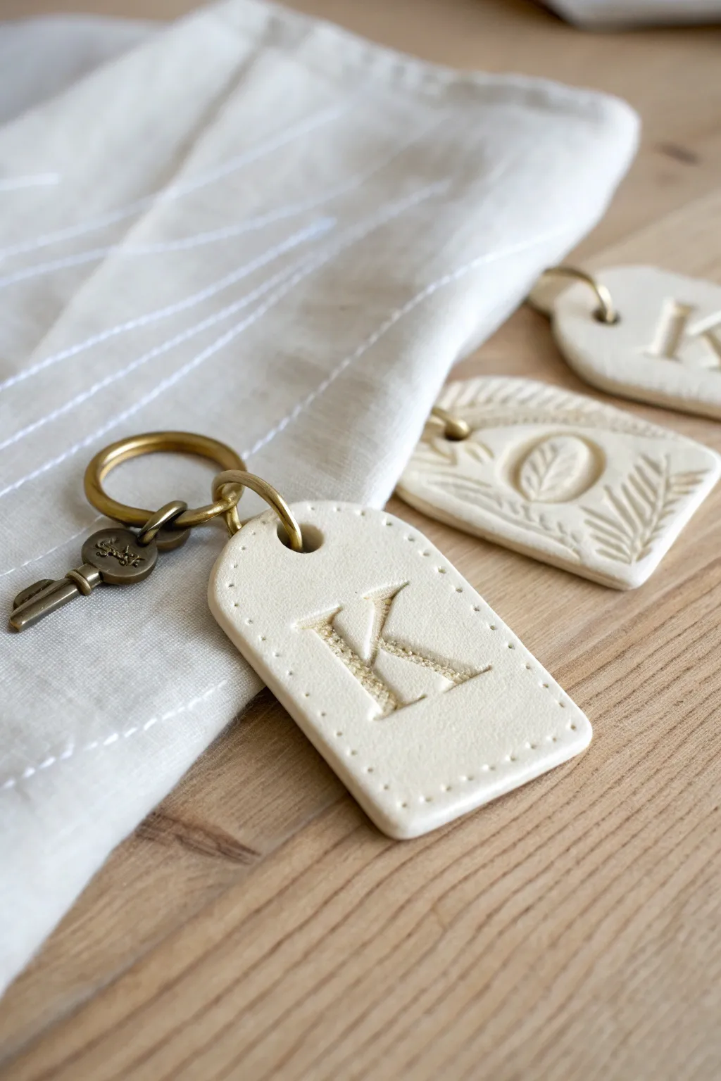 Minimal flat clay initial key tag with warm neutral tones, crisp shadows, and handmade charm