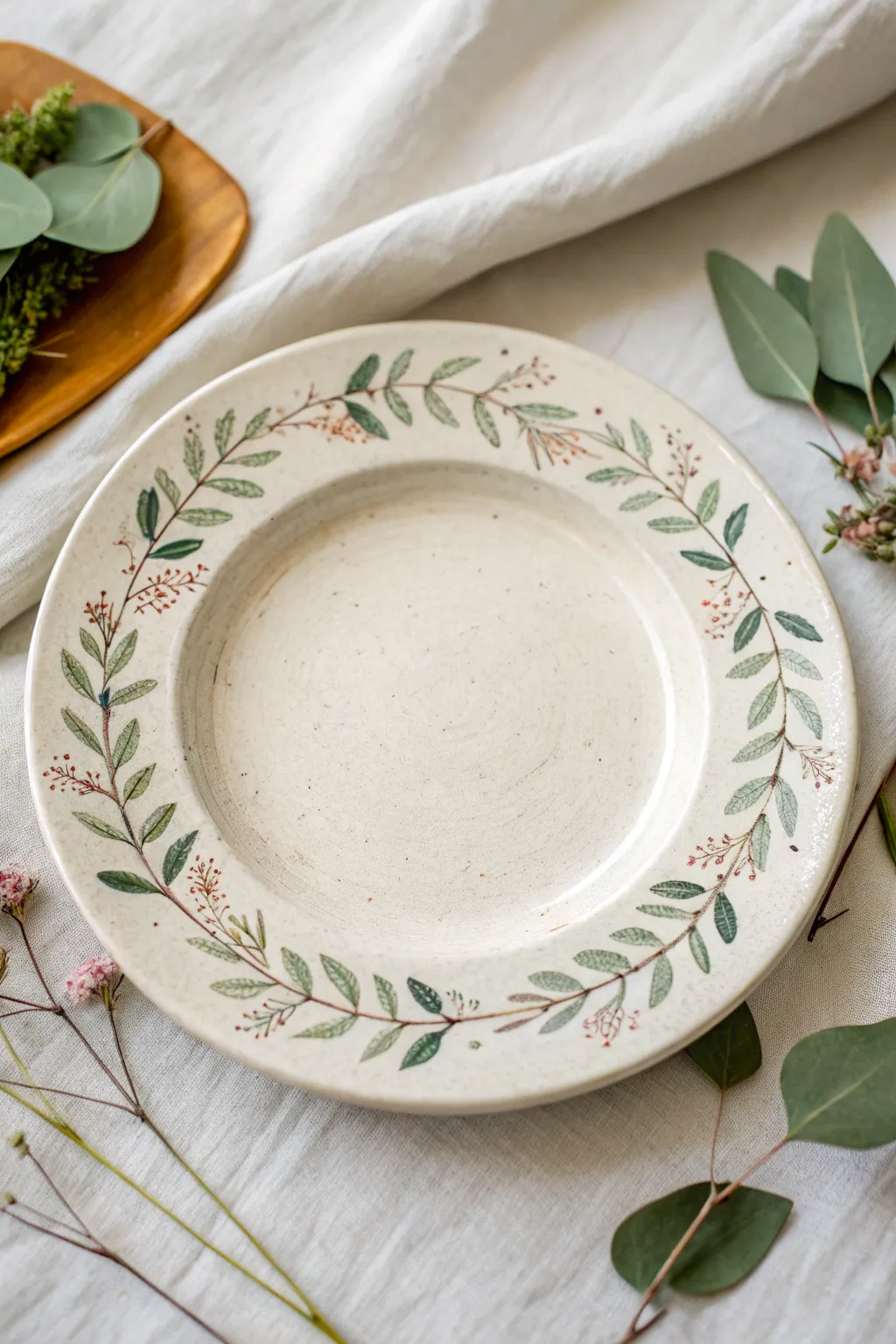 Full-rim botanical garland plate with soft wildflowers and clean minimalist center