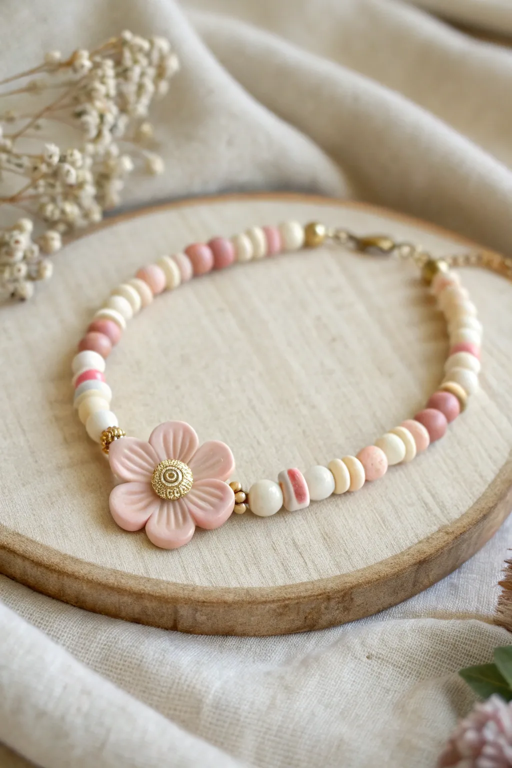Ombre heishi beads echo soft petals, highlighting a simple 5-petal flower focal bead.