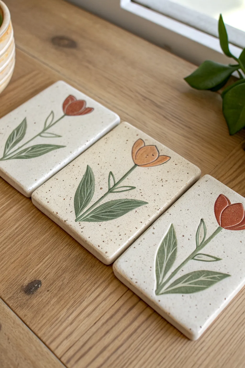 Simple tulip row clay tiles in a clean Scandinavian palette with soft boho warmth