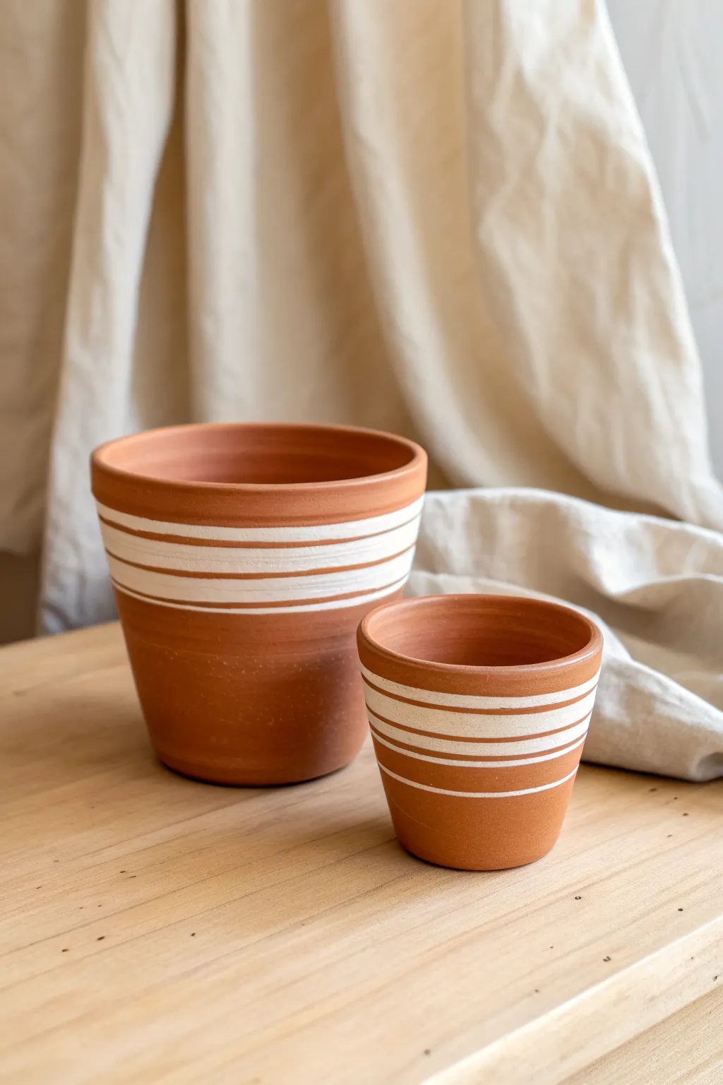 Clean rim stripes on warm terracotta, a minimalist duo in thin and thick bands