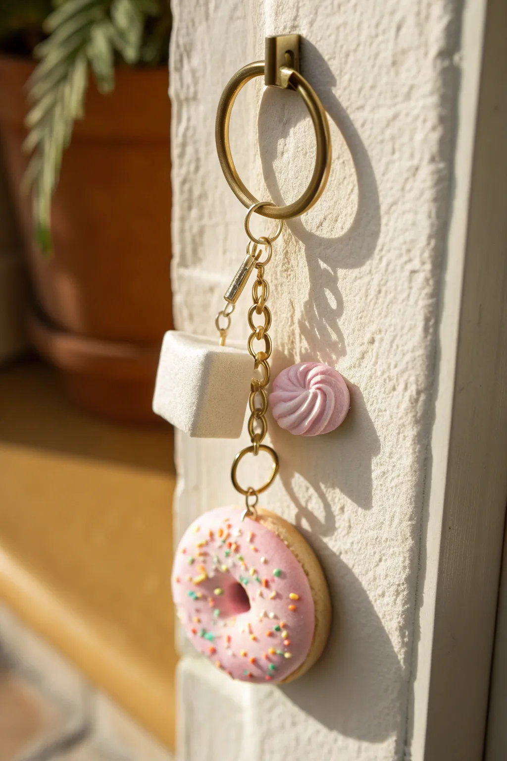 Sweet lightweight foam clay keychain with donut, marshmallow cube, and candy charm in pastel tones