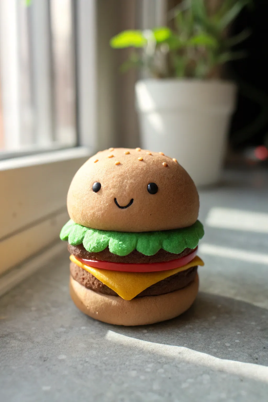 Mini foam clay burger desk buddy with cute face and easy stacked layers, in a clean Nordic style