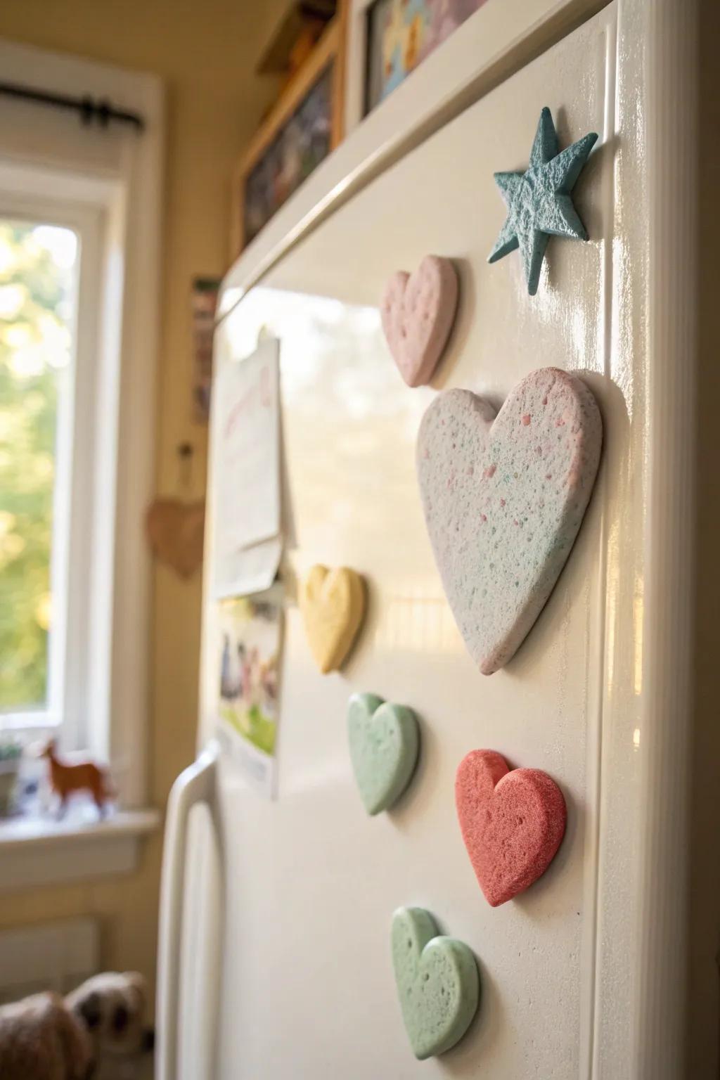 Colorful foam clay heart magnet pops on a minimalist fridge, perfect kid-made decor