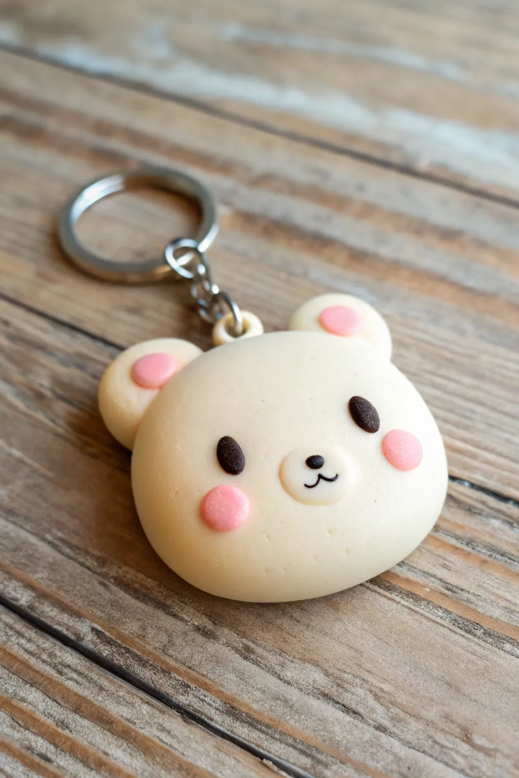 Chubby bear face foam clay keychain charm in soft neutrals, minimalist boho and sweet details