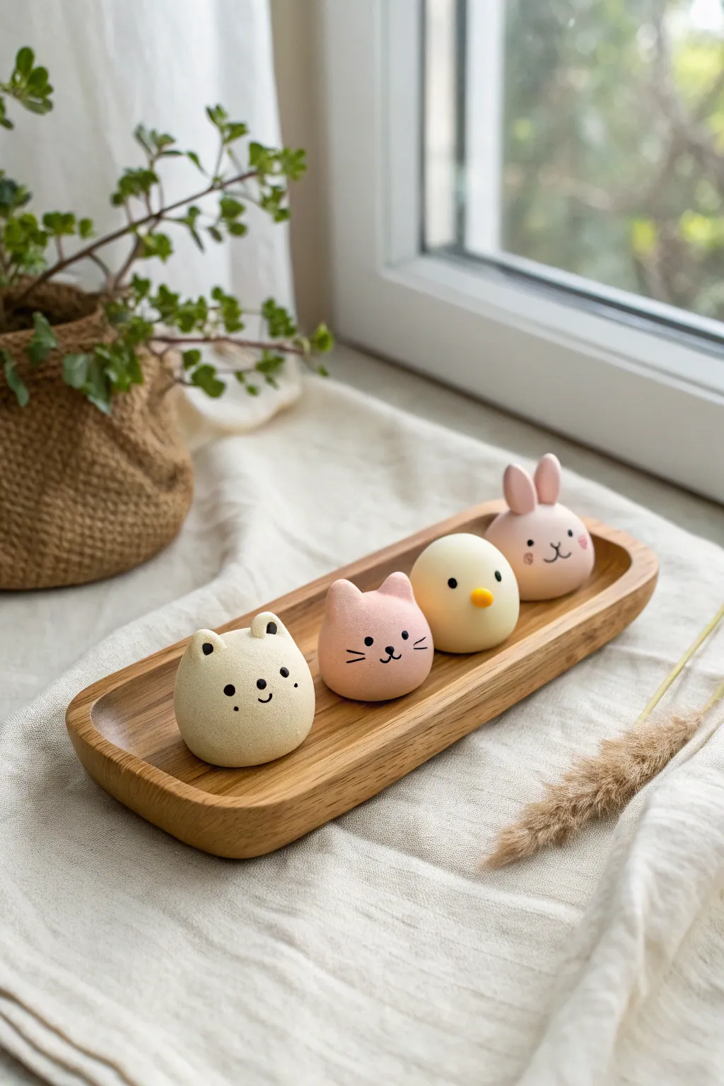 Easy blob animal desk buddies: a tiny clay zoo on a wooden tray, cute and beginner friendly