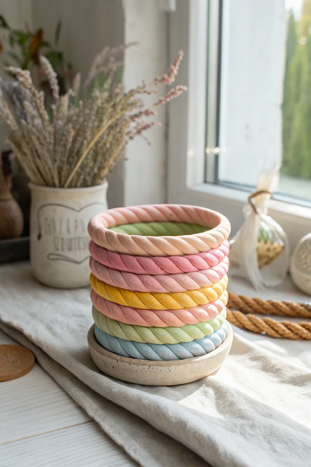 Candy-like rainbow coil pot with bold twisted coils, a bright and easy clay idea for kids