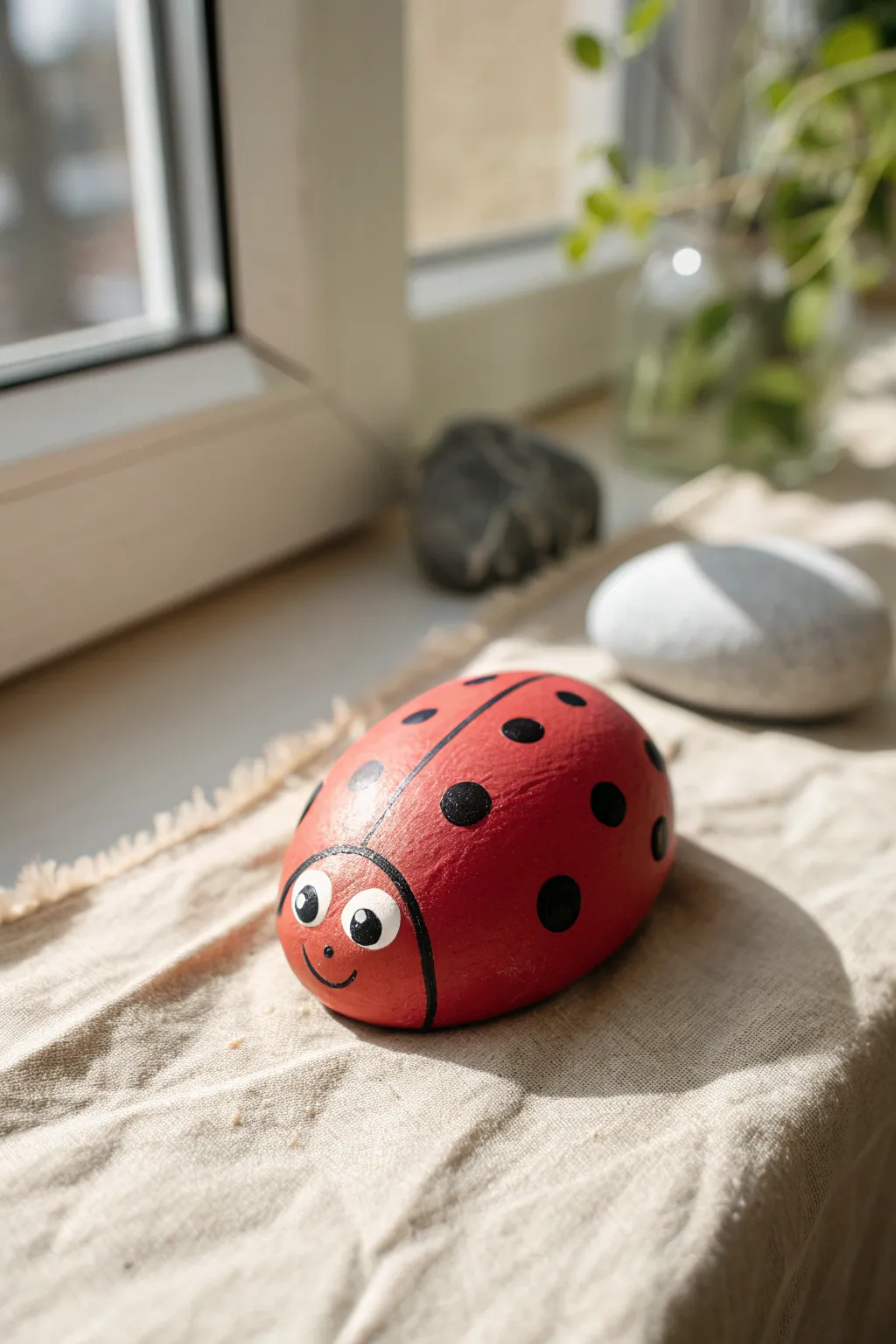 Adorable clay ladybug pebble bug with a tiny face, styled in soft minimalist tones