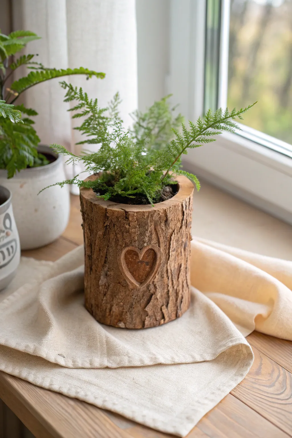 Rustic bark-textured clay stump planter with tiny greenery, a minimalist woodland accent