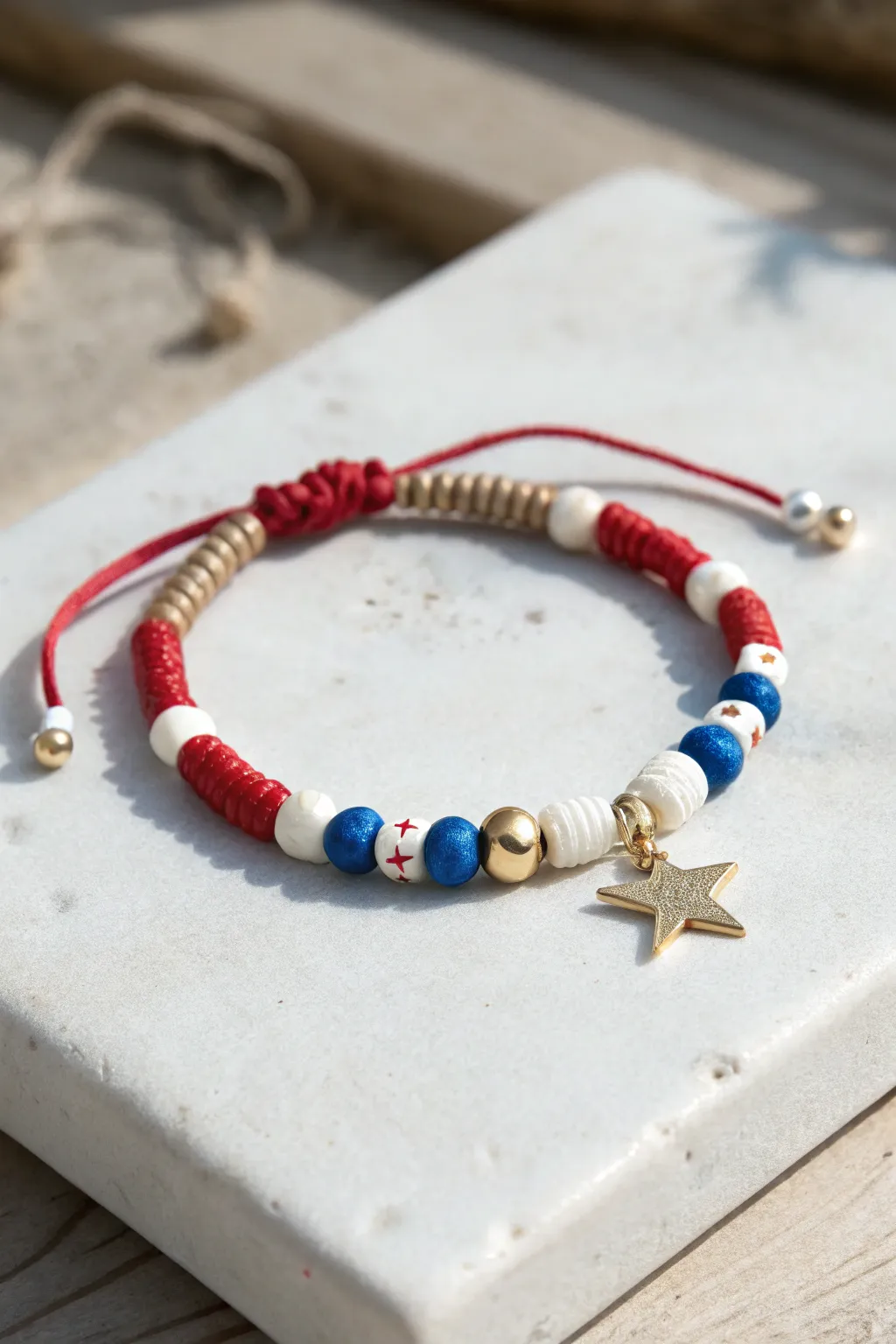Handmade red-white-blue clay bead bracelet with a delicate star charm dangle for July 4th style.