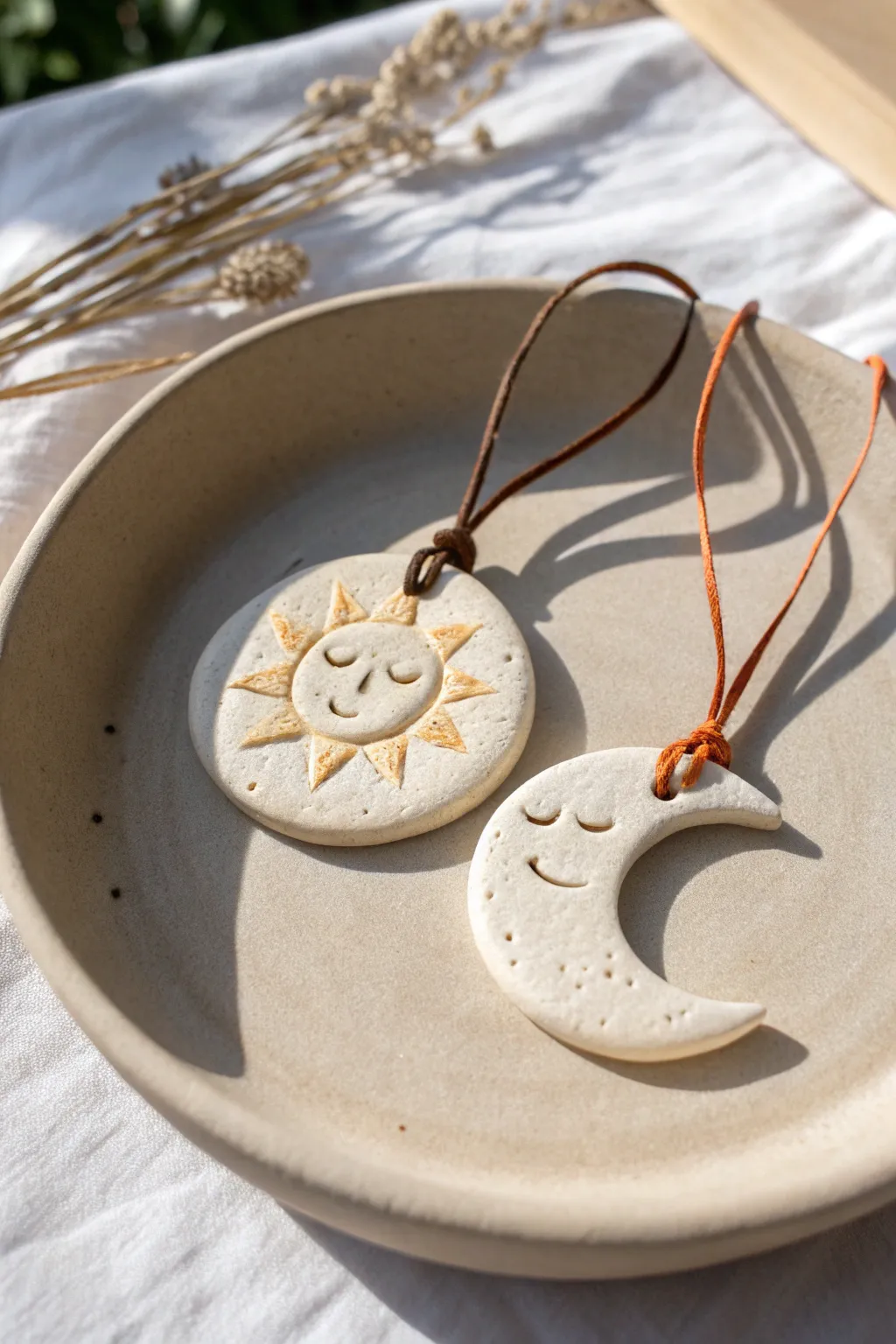Sun and moon clay charm duo, simple and sturdy, perfect friendship keepsake for beginners.
