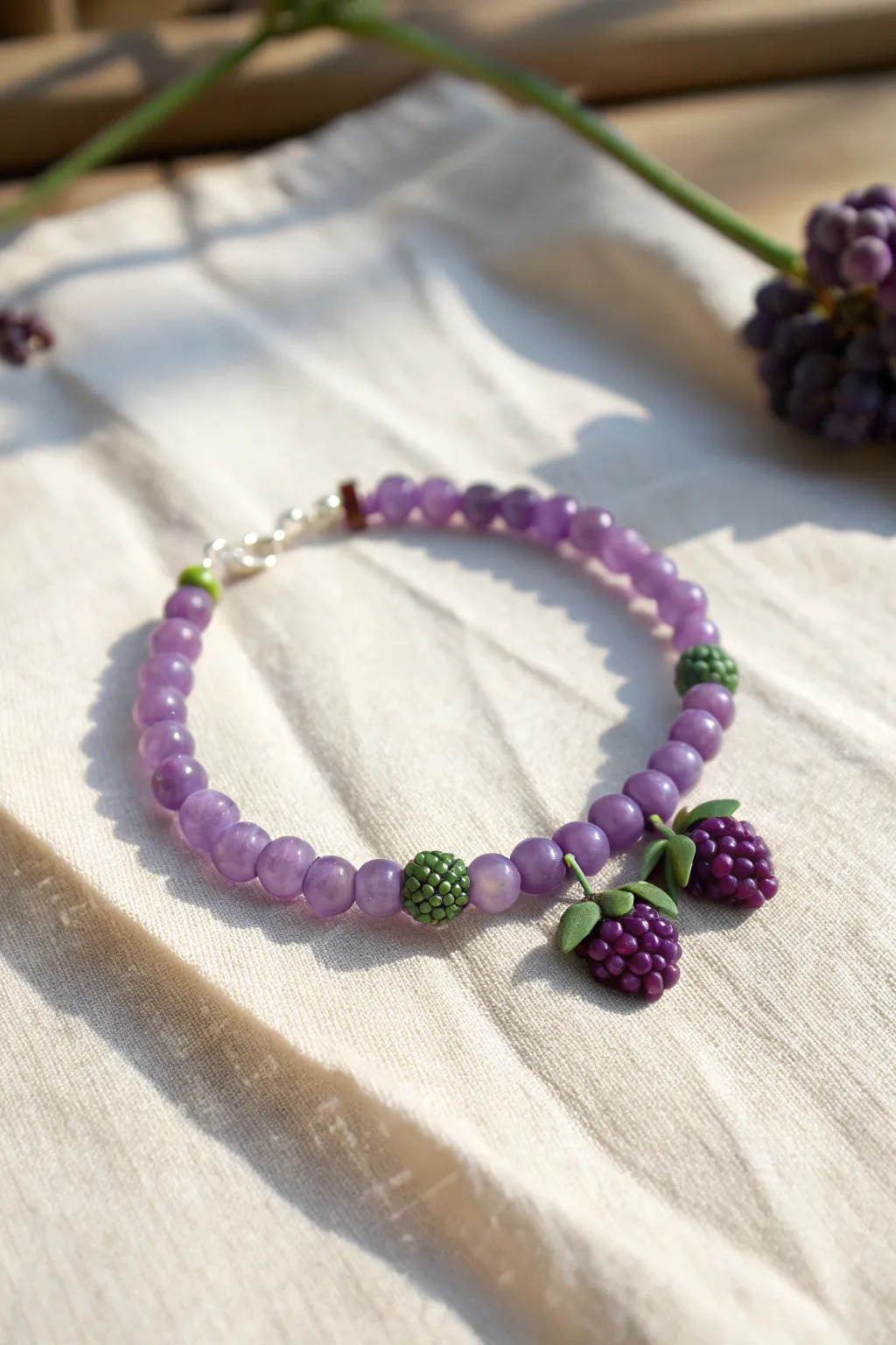 Purple heishi beads with green accents and grape clay beads for a sweet minimalist bracelet
