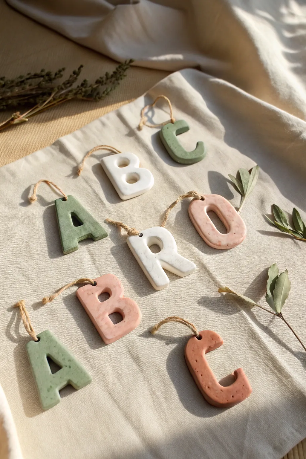 Modern air-dry clay letter ornaments in muted tones, styled in a clean grid with twine loops.
