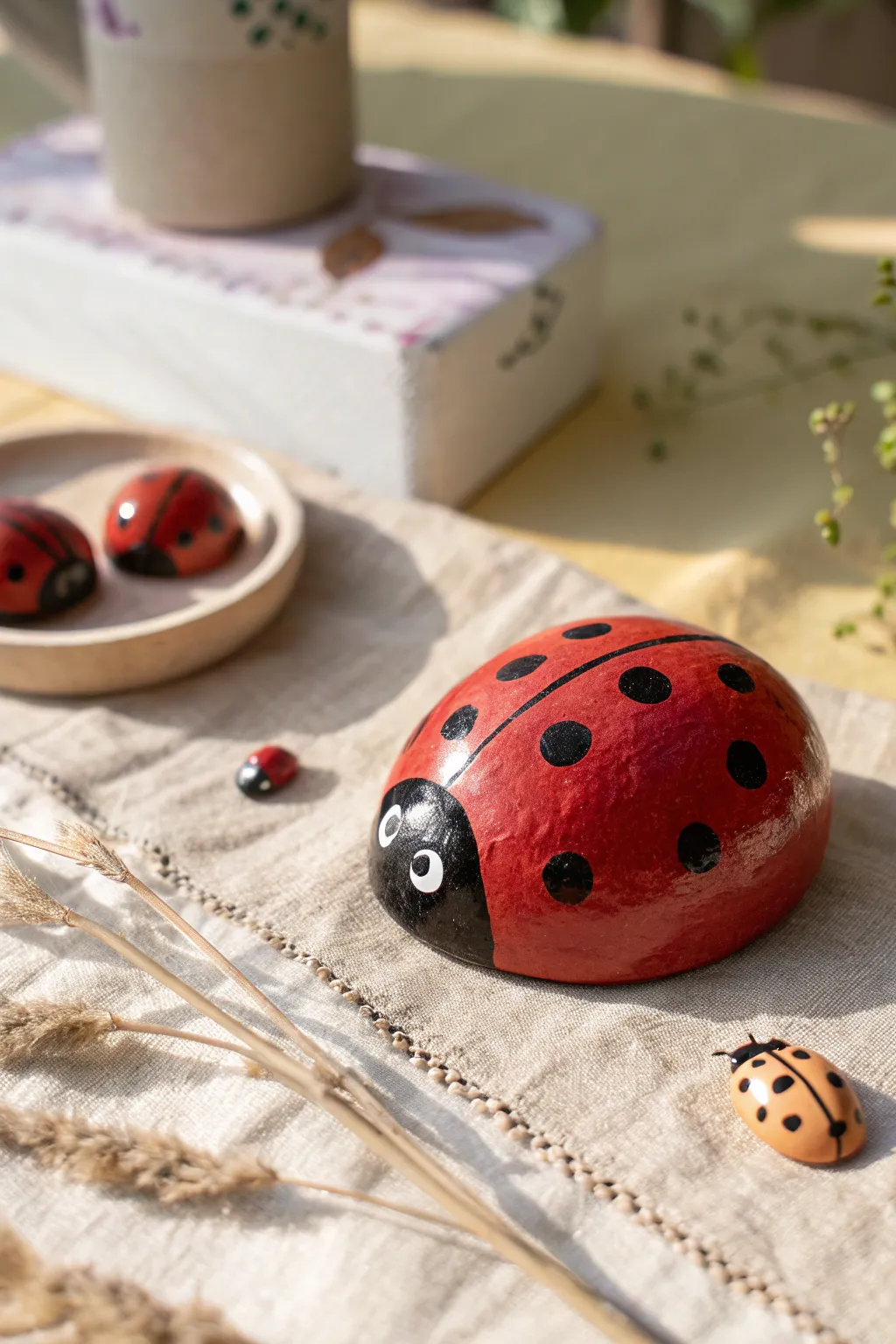 Chunky clay ladybug with glossy paint, with cute snail and caterpillar friends in soft focus