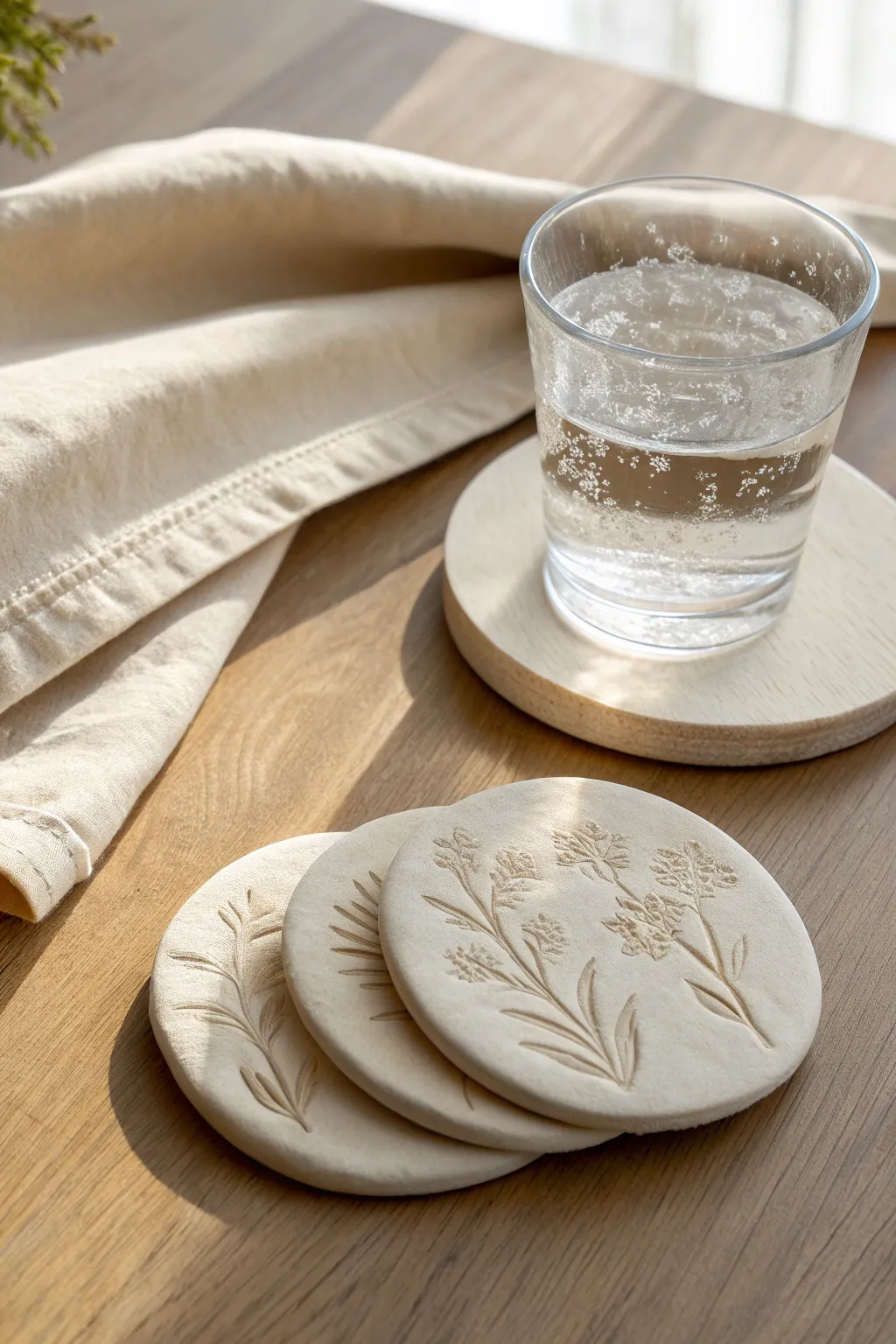 Stamped air dry clay coasters with a sealed finish, minimalist style and a soft handmade touch