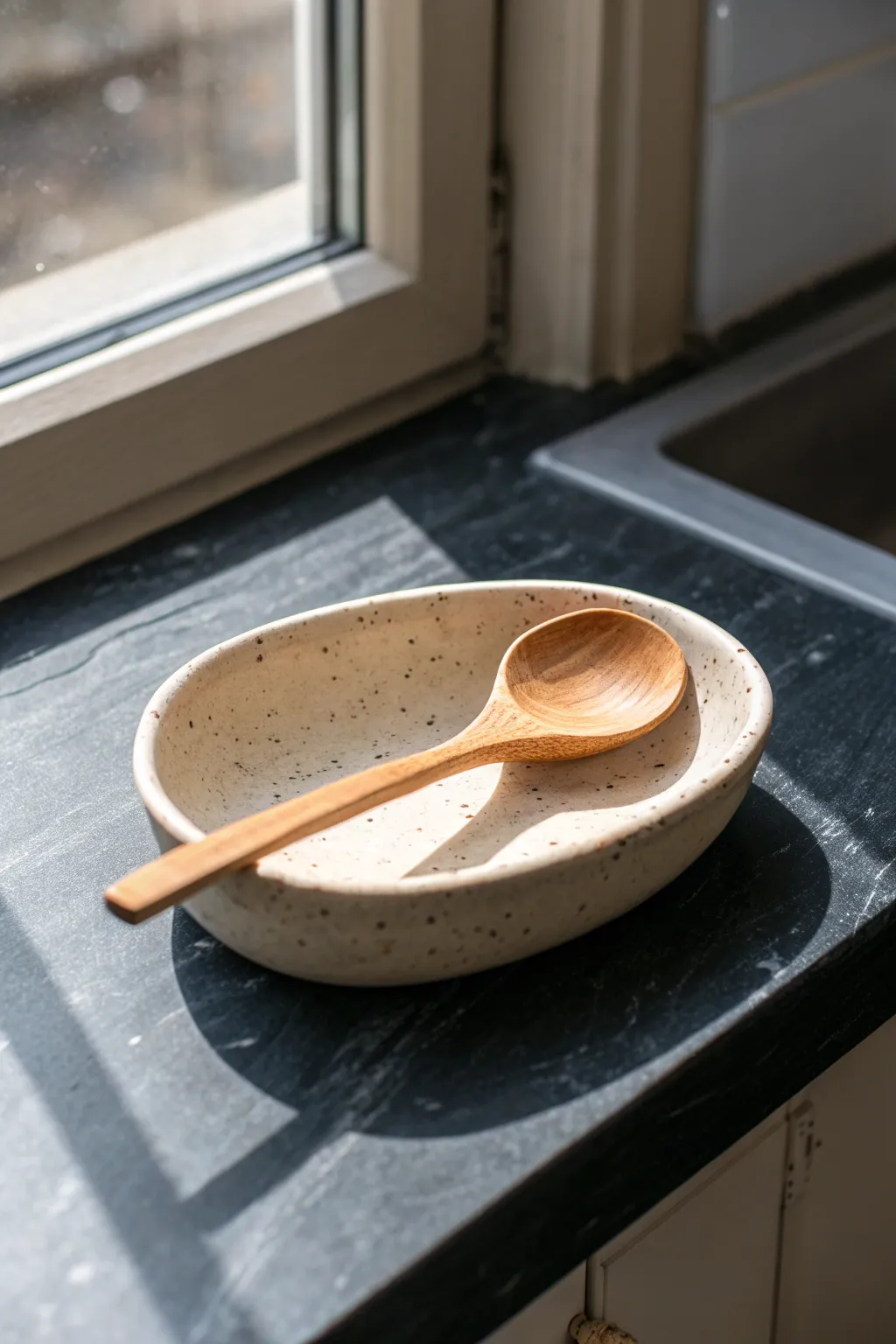 Minimalist clay spoon rest with a drip-catching basin, keeping your counter clean and calm.