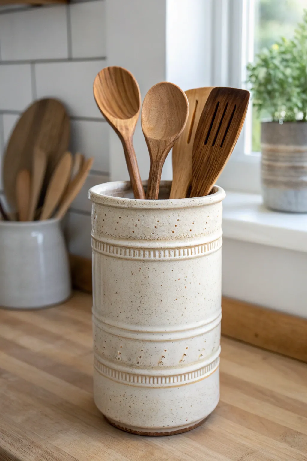 A tall carved stoneware crock that keeps wooden tools tidy and easy to grab every day.