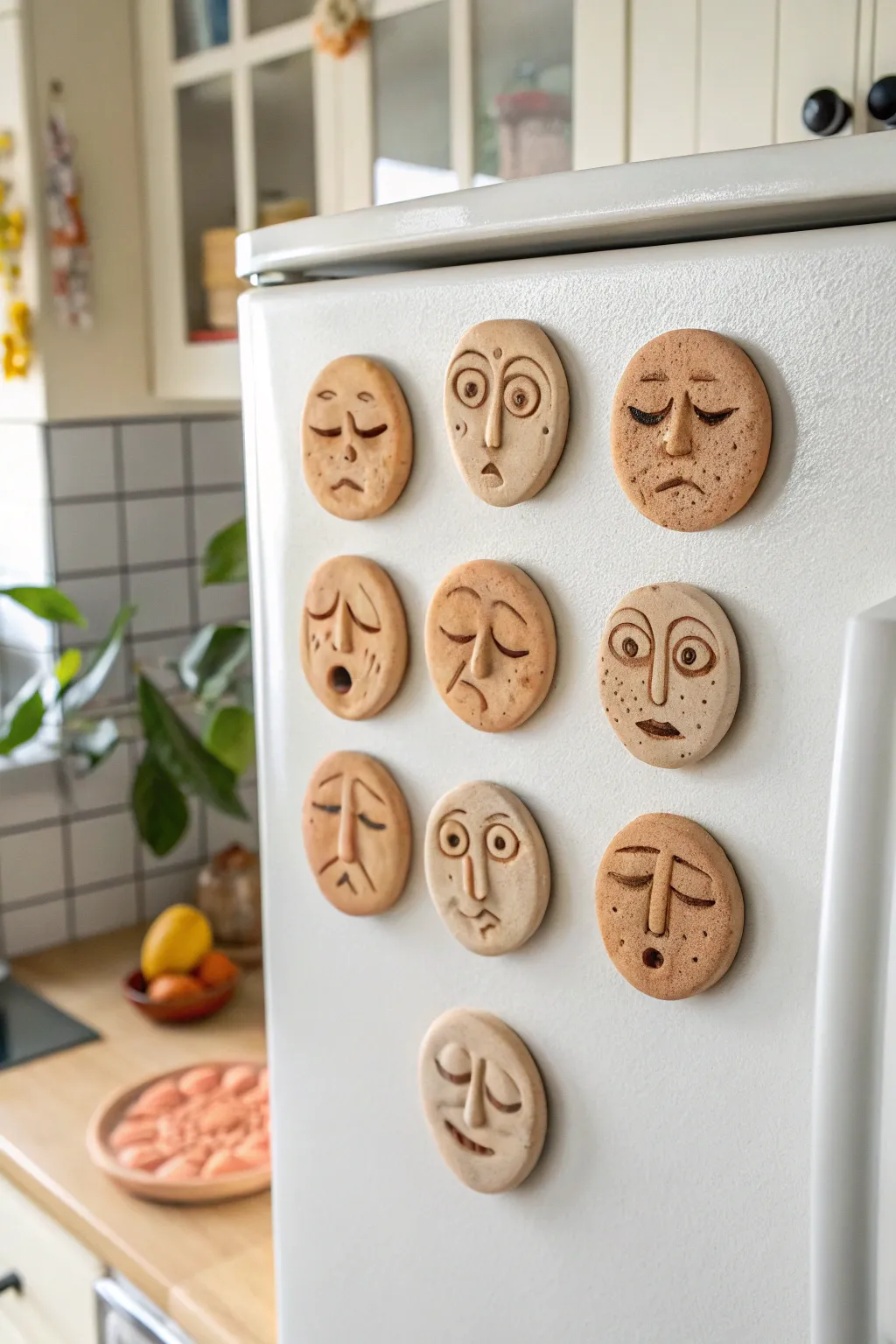 Tiny overreacting clay face magnets, a minimalist comedy cast for your fridge door.